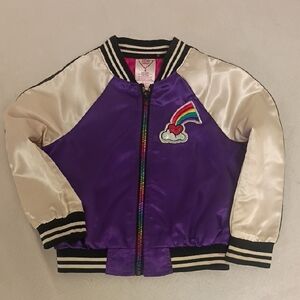 Girls' Purple Satin Rainbow Patch Bomber Jacket